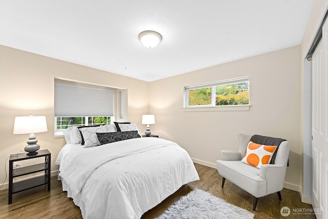 bedroom with multiple windows, wood finished floors, and baseboards