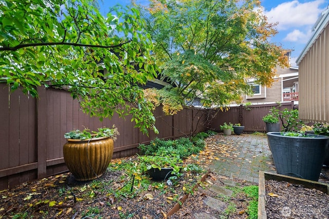 view of yard with a fenced backyard and a patio