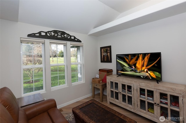 living room with lofted ceiling, wood finished floors, and baseboards