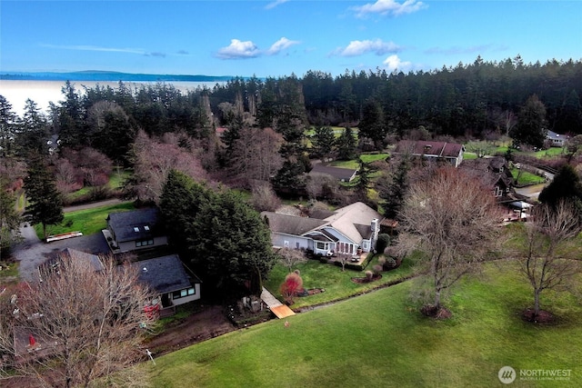 bird's eye view with a water view and a view of trees