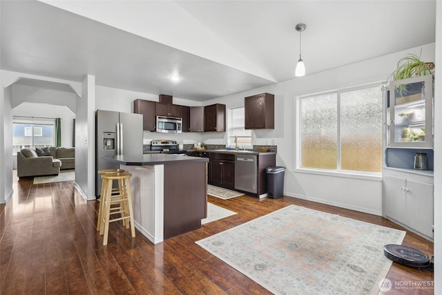 kitchen featuring a healthy amount of sunlight, vaulted ceiling, dark brown cabinets, appliances with stainless steel finishes, and dark wood finished floors