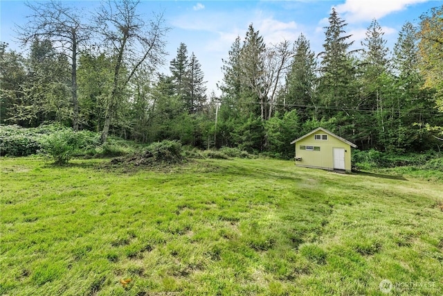 view of yard featuring a storage shed, a forest view, and an outdoor structure