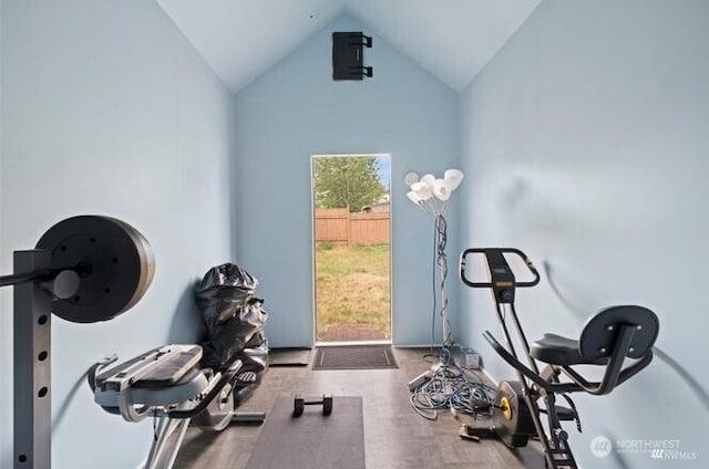 workout area featuring lofted ceiling