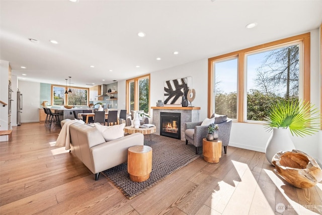 living room featuring light wood-type flooring, a fireplace, and a healthy amount of sunlight