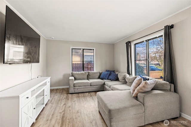 living area with light wood finished floors, plenty of natural light, baseboards, and ornamental molding