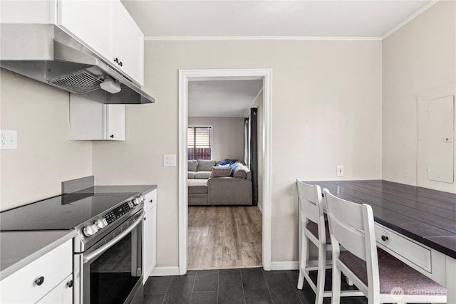 kitchen with electric panel, white cabinets, stainless steel electric range, crown molding, and under cabinet range hood