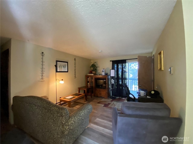 living area featuring a textured ceiling and wood finished floors