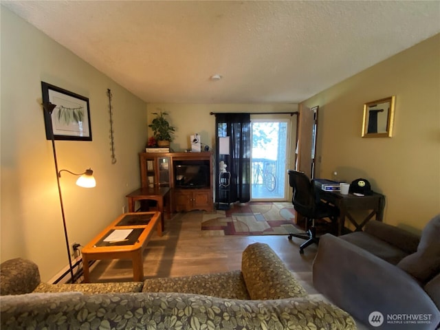 living area featuring a textured ceiling and wood finished floors