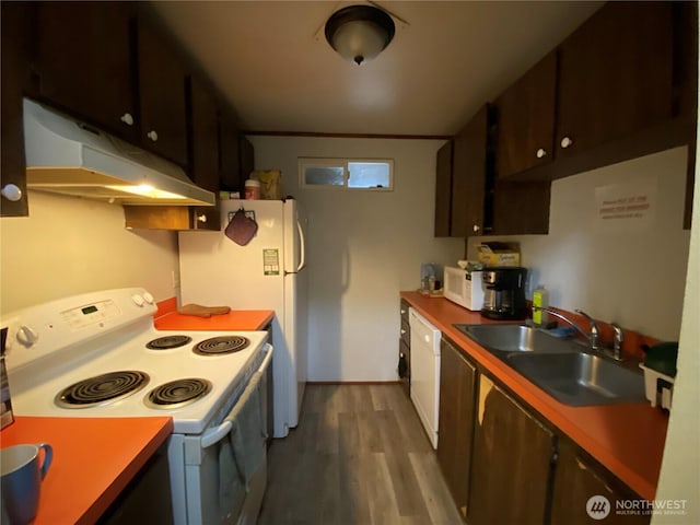 kitchen with a sink, dark brown cabinets, wood finished floors, white appliances, and under cabinet range hood