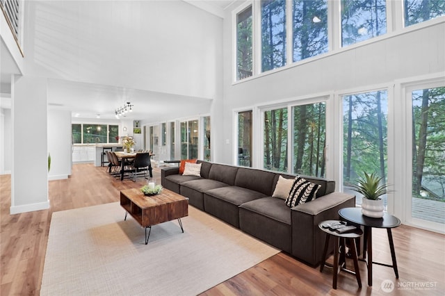 living room featuring wood finished floors and baseboards