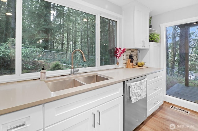 kitchen with visible vents, white cabinets, dishwasher, light wood-style floors, and a sink