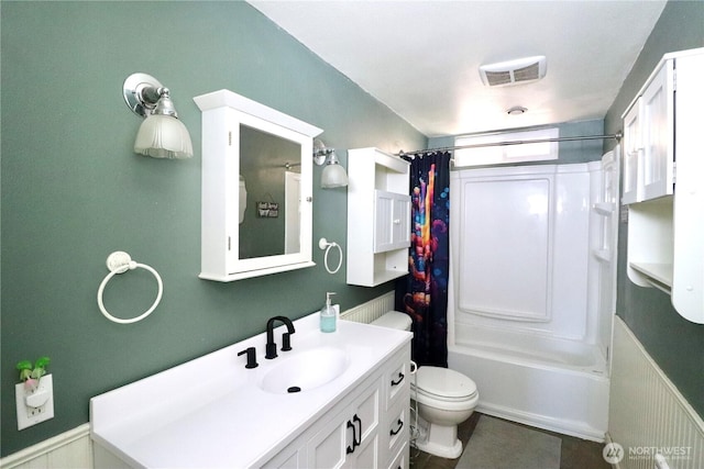 full bathroom with toilet, shower / bath combination with curtain, vanity, and visible vents