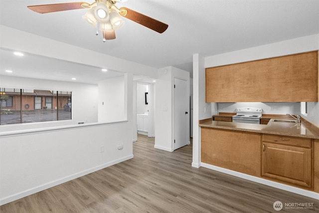 kitchen featuring electric range, baseboards, a sink, and wood finished floors