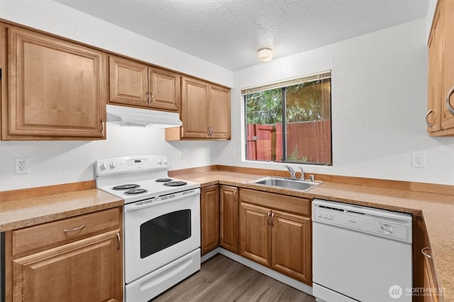 kitchen with white appliances, a textured ceiling, light wood-type flooring, under cabinet range hood, and a sink