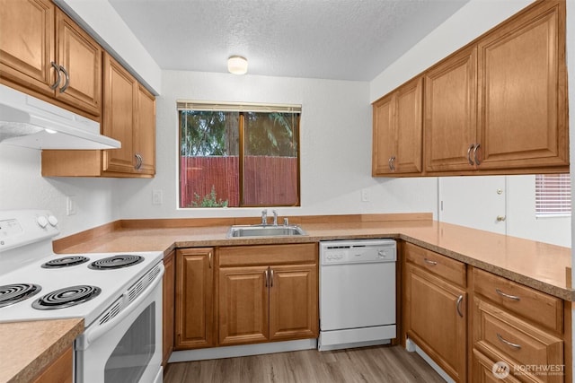 kitchen with a textured ceiling, light wood-style flooring, under cabinet range hood, white appliances, and a sink