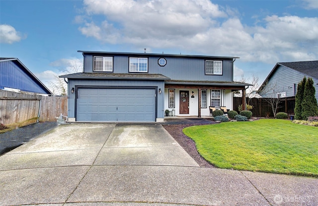 traditional home featuring an attached garage, concrete driveway, a front yard, and fence