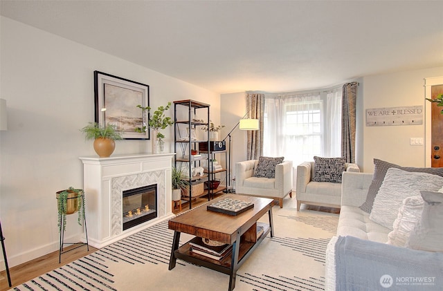 living area featuring baseboards, wood finished floors, and a glass covered fireplace