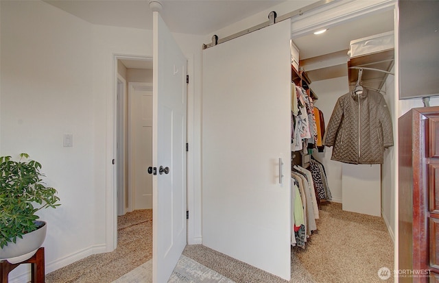 spacious closet with a barn door and light carpet