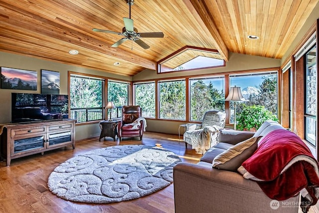 sunroom / solarium with wooden ceiling, ceiling fan, and vaulted ceiling