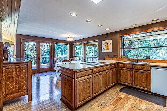 kitchen with french doors, cooktop, stainless steel dishwasher, a healthy amount of sunlight, and a sink