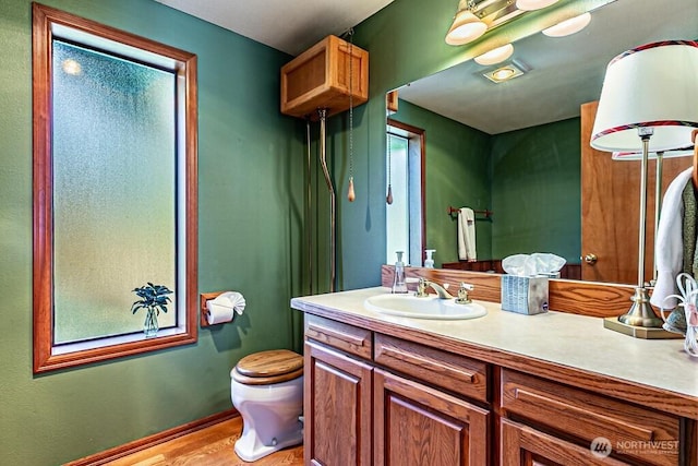 bathroom with vanity, toilet, and wood finished floors