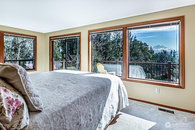 carpeted bedroom featuring visible vents, baseboards, and multiple windows