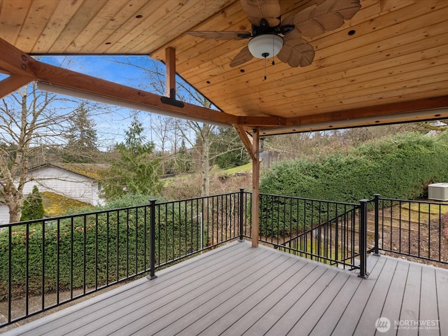 deck featuring a water view and a ceiling fan