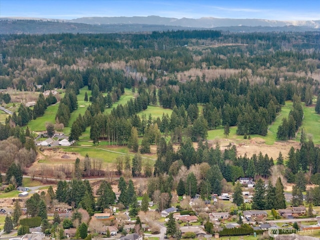 drone / aerial view featuring a wooded view and a mountain view