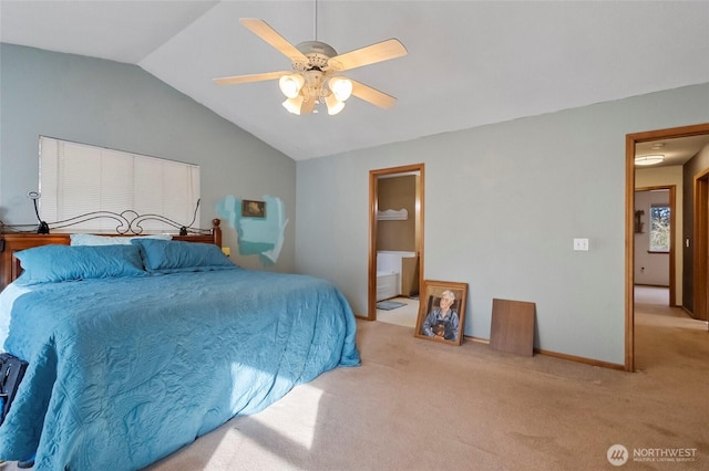 bedroom featuring baseboards, ceiling fan, carpet flooring, and vaulted ceiling