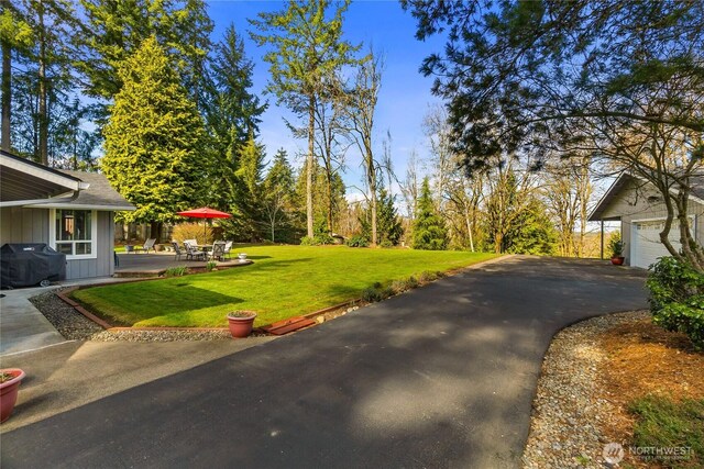 view of yard featuring a garage, driveway, and a patio area