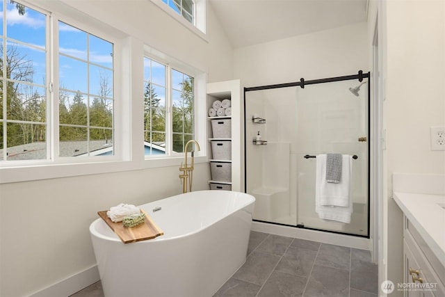 full bath featuring vanity, a shower stall, a healthy amount of sunlight, and a freestanding bath