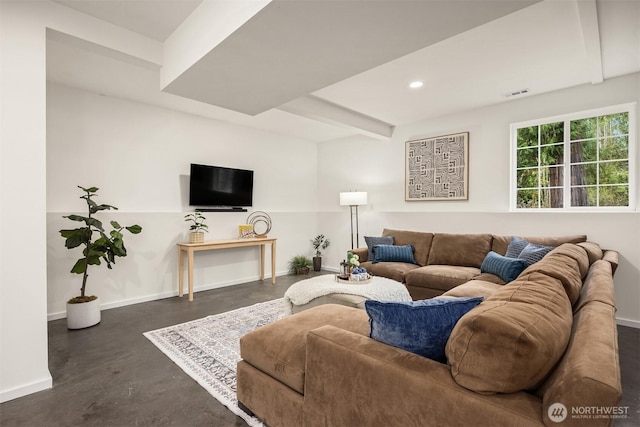 living area with baseboards, visible vents, beam ceiling, recessed lighting, and finished concrete floors