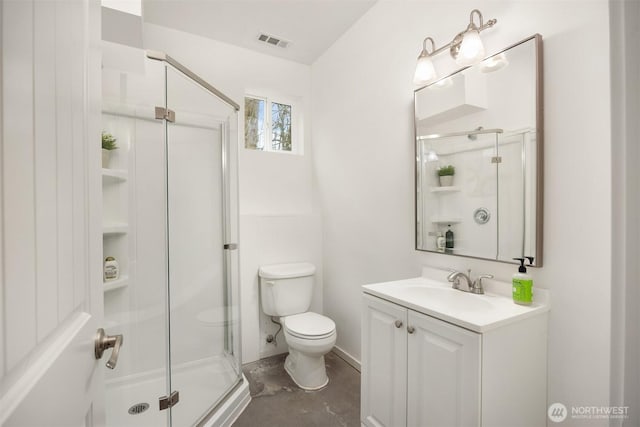 bathroom with visible vents, a shower stall, baseboards, toilet, and vanity