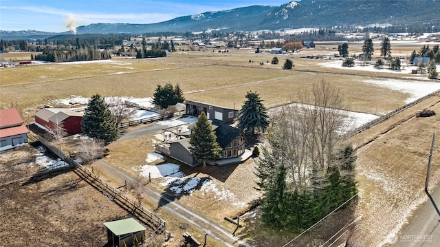 aerial view featuring a rural view and a mountain view