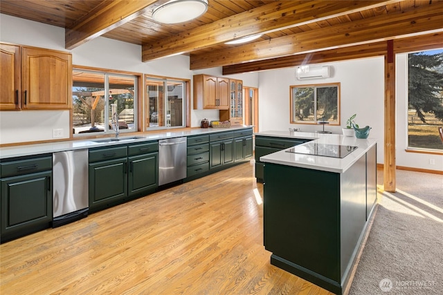 kitchen featuring wood ceiling, light countertops, stainless steel dishwasher, and a wall mounted AC