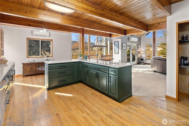 kitchen with light wood-style flooring, a wall mounted AC, green cabinetry, beamed ceiling, and black electric cooktop