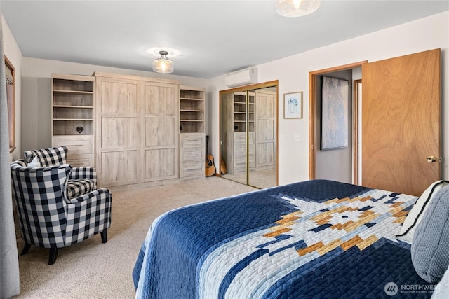 bedroom featuring a wall unit AC, carpet, and a closet