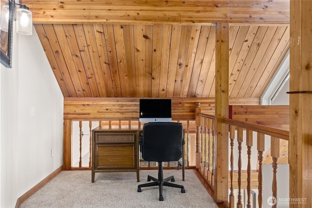 office area featuring carpet floors, wooden ceiling, and baseboards