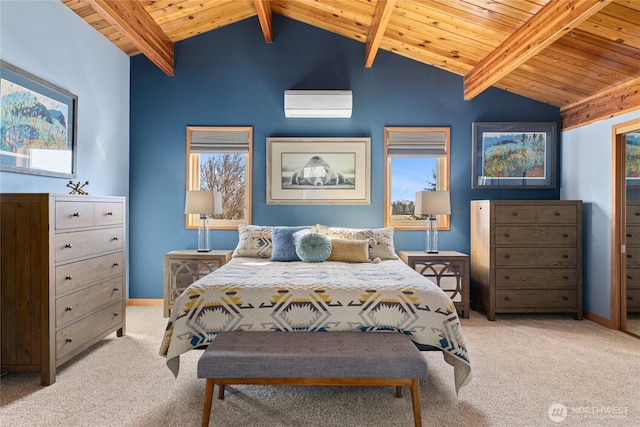 carpeted bedroom with wood ceiling, multiple windows, vaulted ceiling with beams, and baseboards