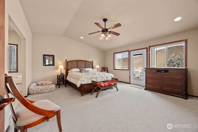 bedroom featuring ceiling fan, recessed lighting, light carpet, access to exterior, and vaulted ceiling