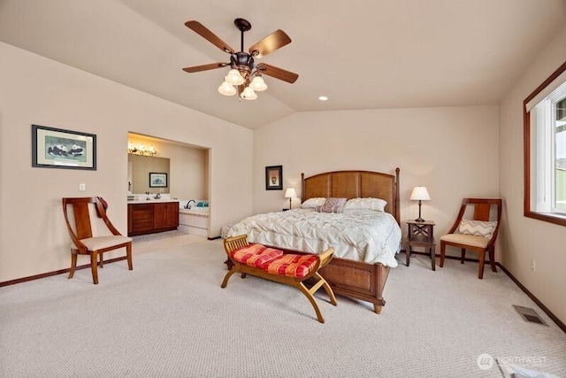 bedroom featuring vaulted ceiling, light carpet, visible vents, and baseboards