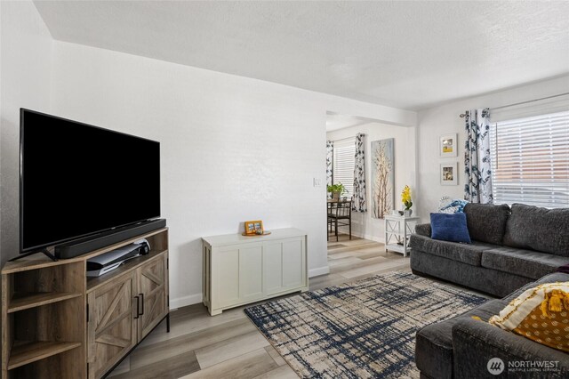 living area with light wood-style flooring, baseboards, and a textured ceiling