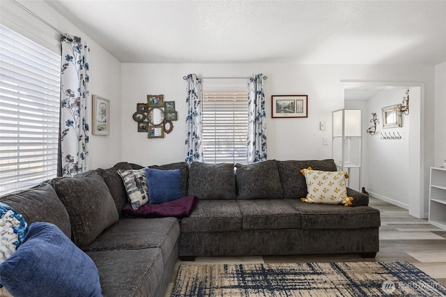 living room with plenty of natural light, wood finished floors, and baseboards