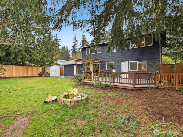 rear view of property with an outdoor fire pit, a fenced backyard, a deck, an outdoor structure, and a shed