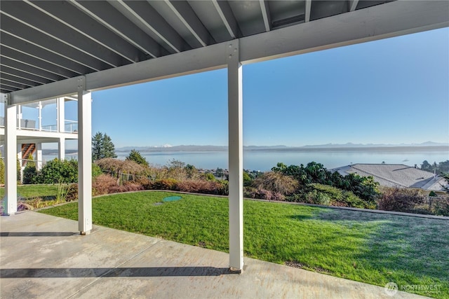 view of patio / terrace featuring a water view