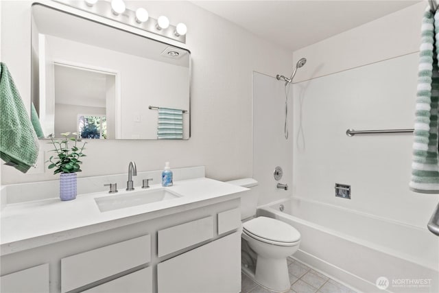 bathroom with shower / bathing tub combination, vanity, toilet, and tile patterned floors