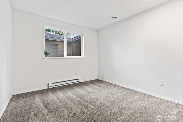 empty room featuring carpet floors, baseboards, visible vents, and baseboard heating