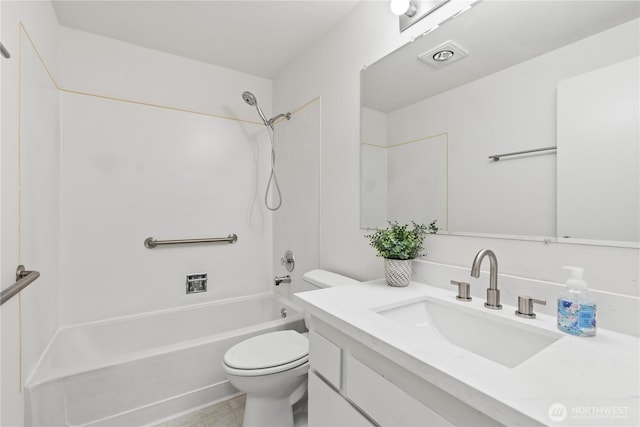 full bath featuring visible vents, toilet, tile patterned floors, tub / shower combination, and vanity