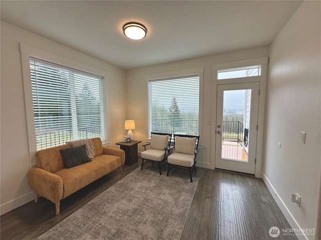 living area featuring baseboards and wood finished floors