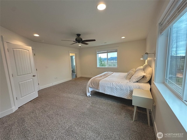 bedroom featuring carpet, baseboards, ceiling fan, and recessed lighting